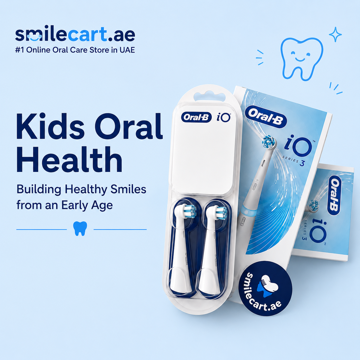 Kids oral health guide with Oral-B iO electric toothbrush for children by SmileCart UAE, promoting healthy brushing habits and preventive dental care.
