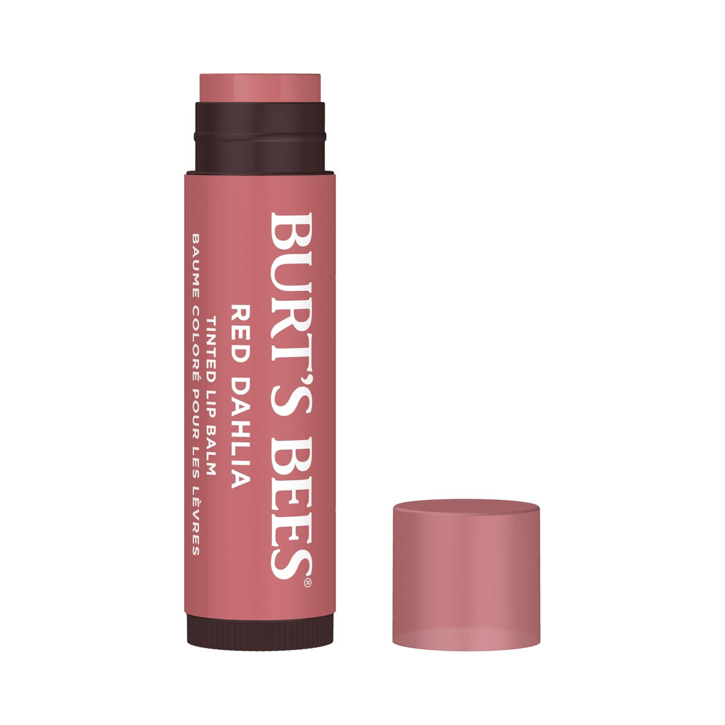 Burt's Bees Red Dahlia tinted lip balm on a white background