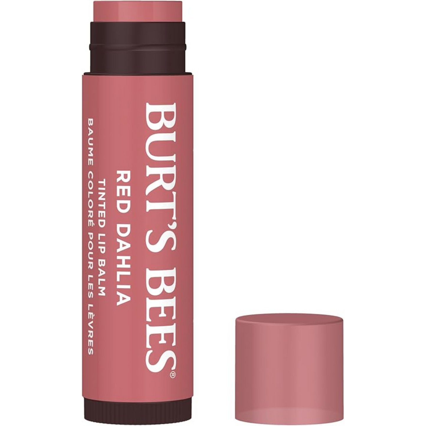 Burt's Bees Red Dahlia tinted lip balm on a white background