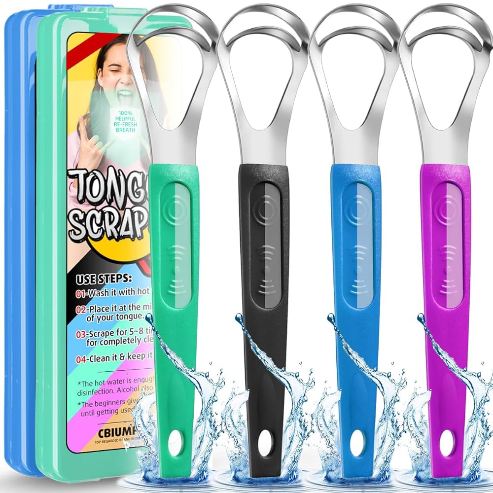 Set of four tongue scrapers with different colored handles on a water splash background.
