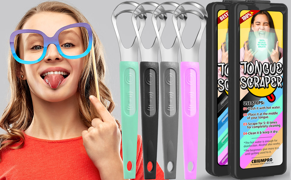 Person wearing novelty glasses with a tongue scraper product and packaging in the background.