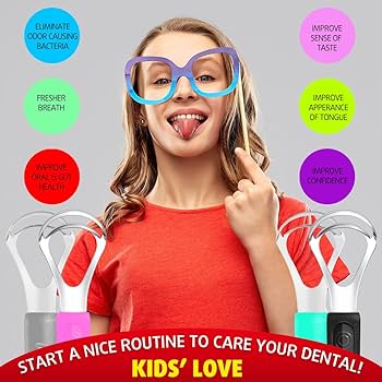 Child wearing colorful glasses with dental care benefits displayed, against a gray background.