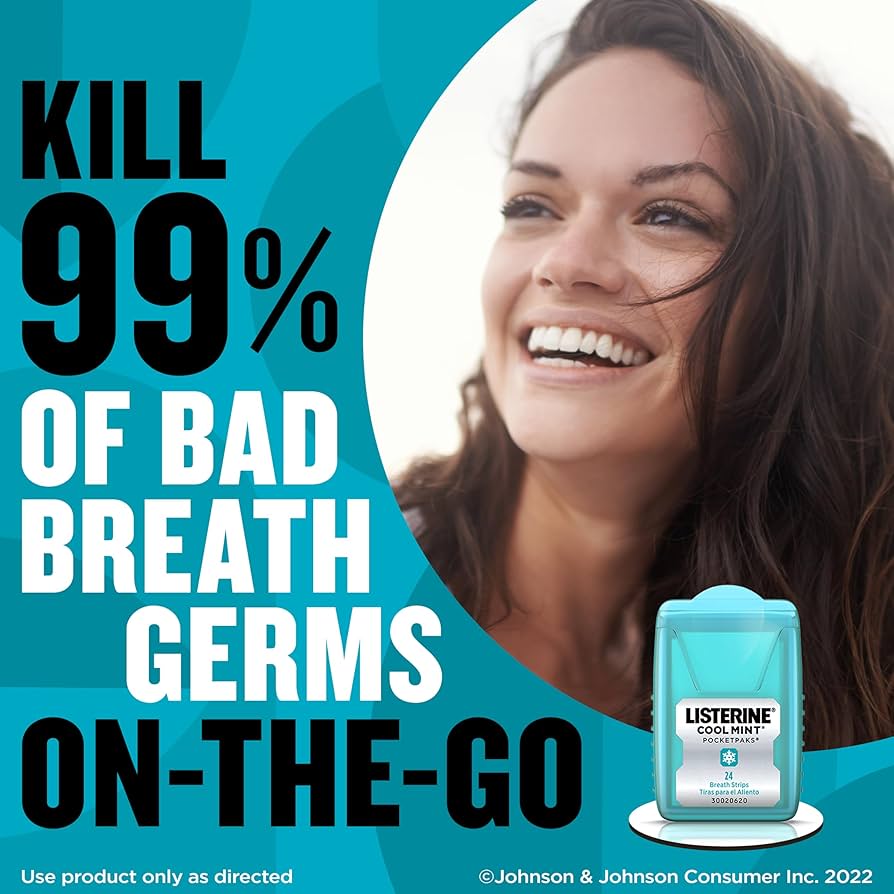 Advertisement for Listerine mouthwash with a woman smiling and product packaging on a blue background.