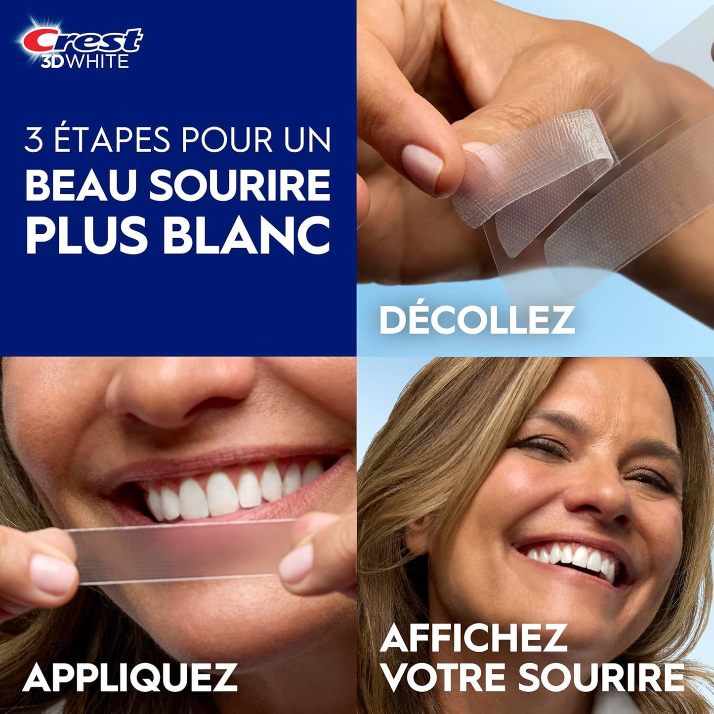 Crest 3D White teeth whitening product with step-by-step instructions on a blue background.