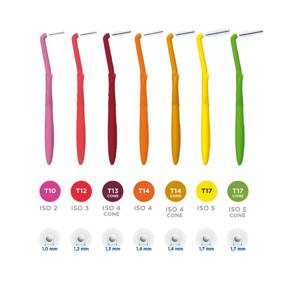 Set of colorful dental tools with size indicators on a white background