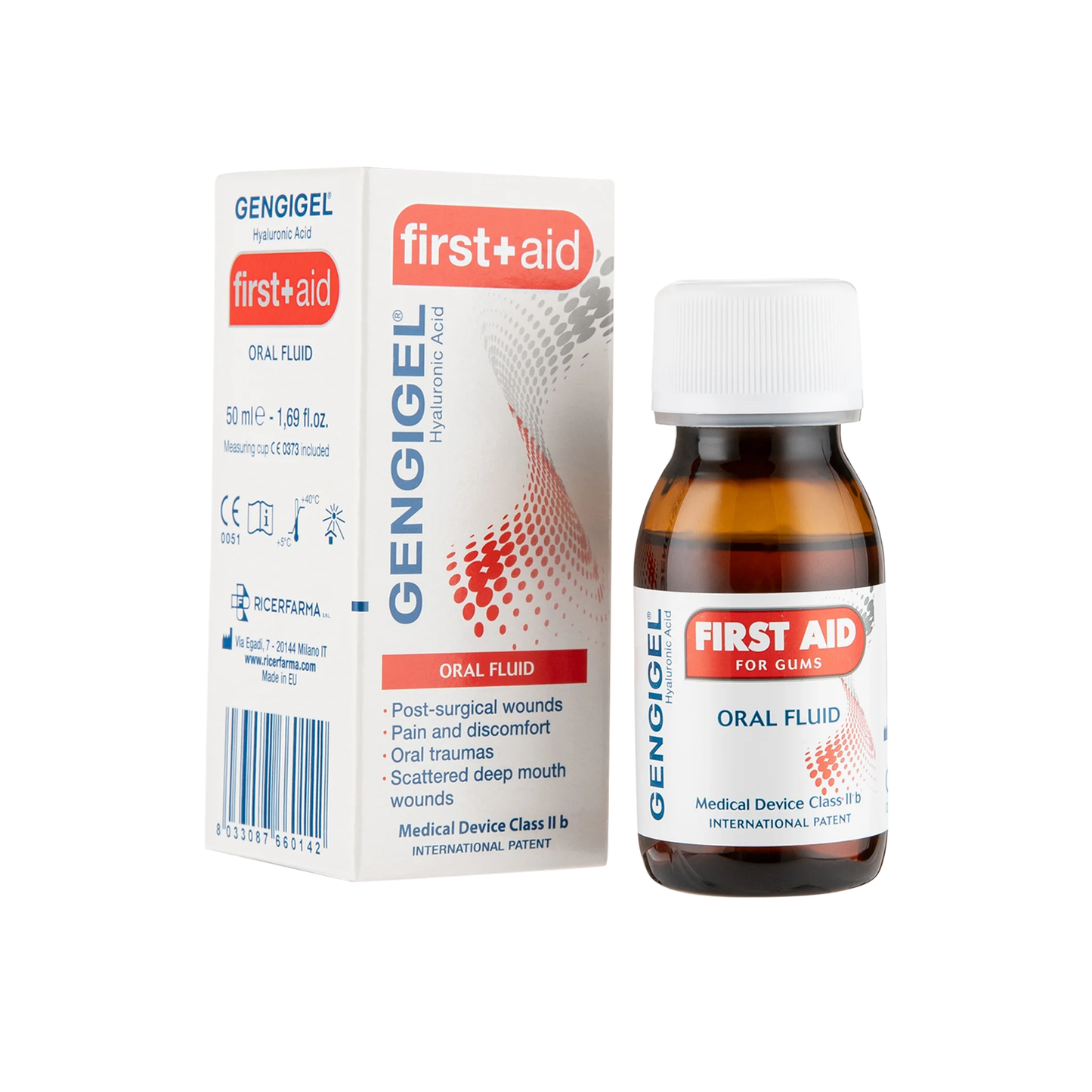 First Aid Gengigel Oral Fluid packaging and bottle on a white background