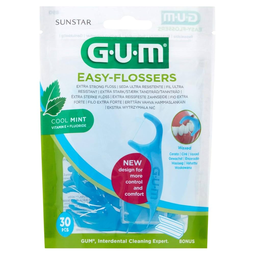 GUM Easy-Flossers packaging with blue floss and text on a white background