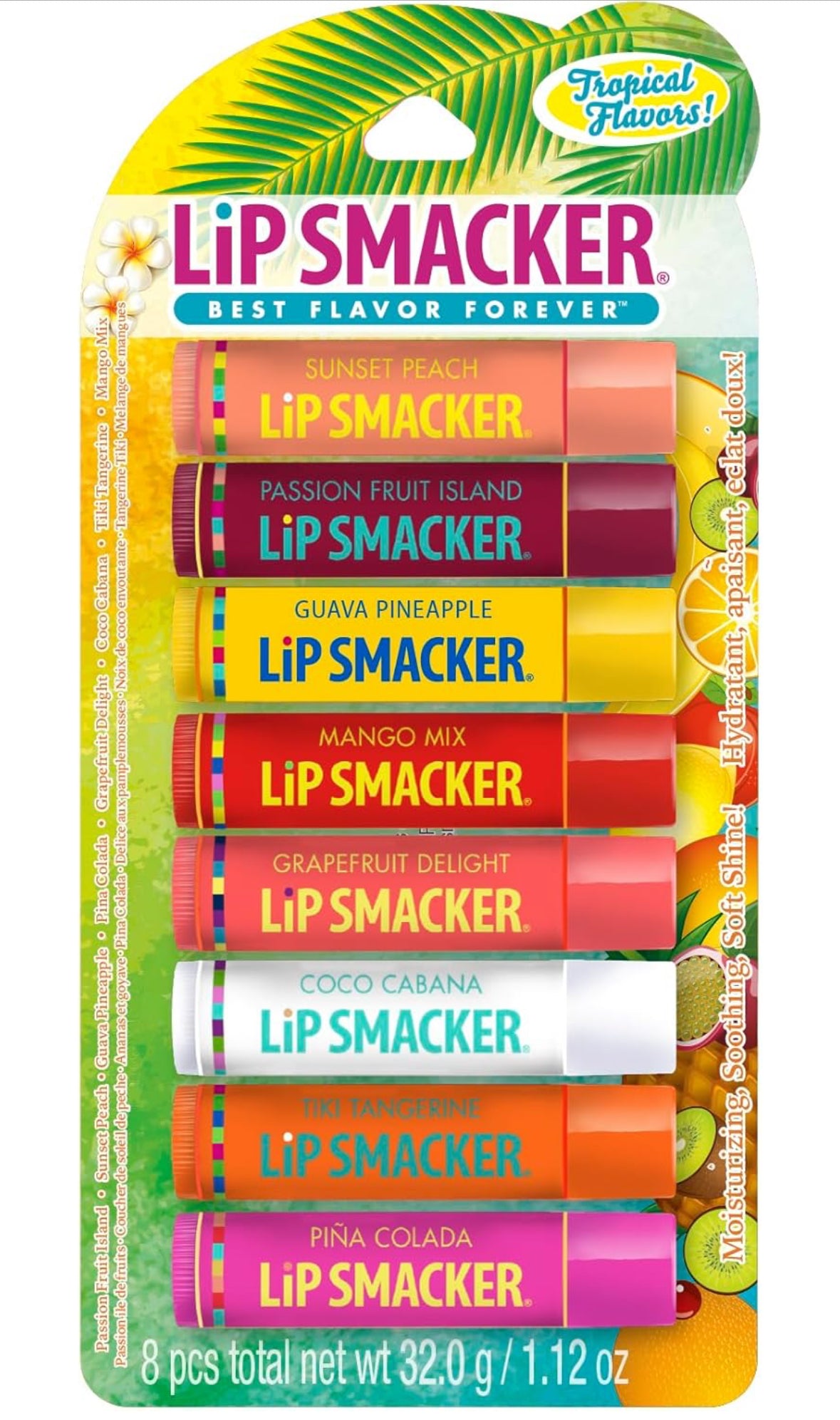 Lip Smacker lip balm set with colorful packaging on a green background