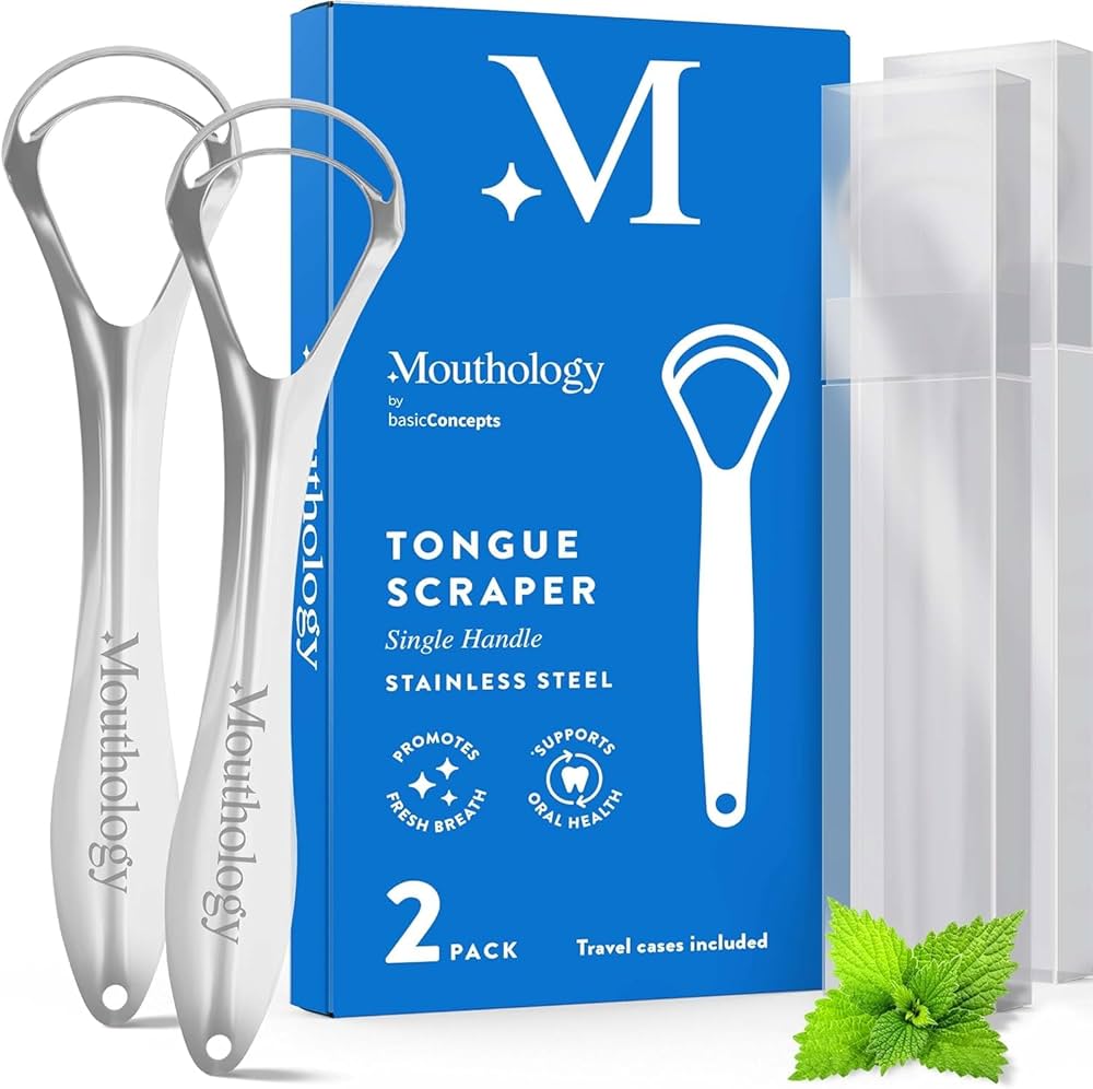 Mouthology tongue scrapers with packaging on a white background