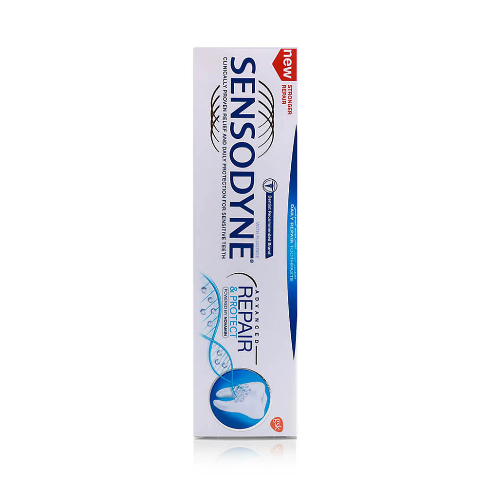 Sensodyne repair and protect toothpaste tube on a white background