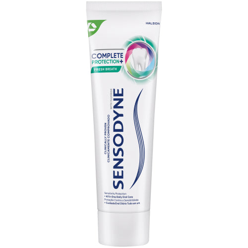 Sensodyne toothpaste tube on a white background
