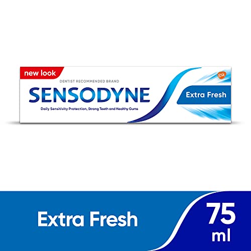 Sensodyne Extra Fresh toothpaste tube on a white background