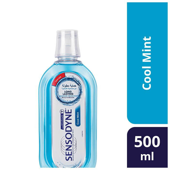 Sensodyne Cool Mint mouthwash bottle with packaging on a white background