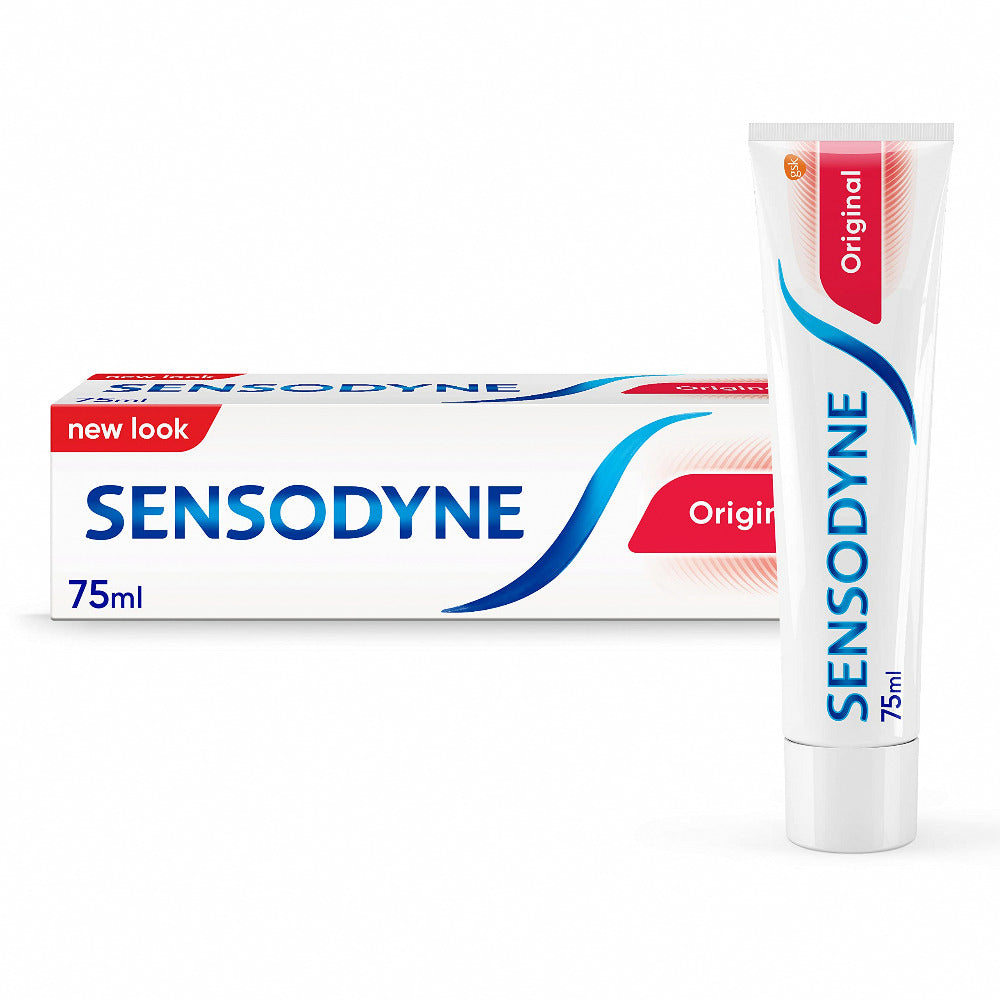 Sensodyne toothpaste tube and packaging on a white background