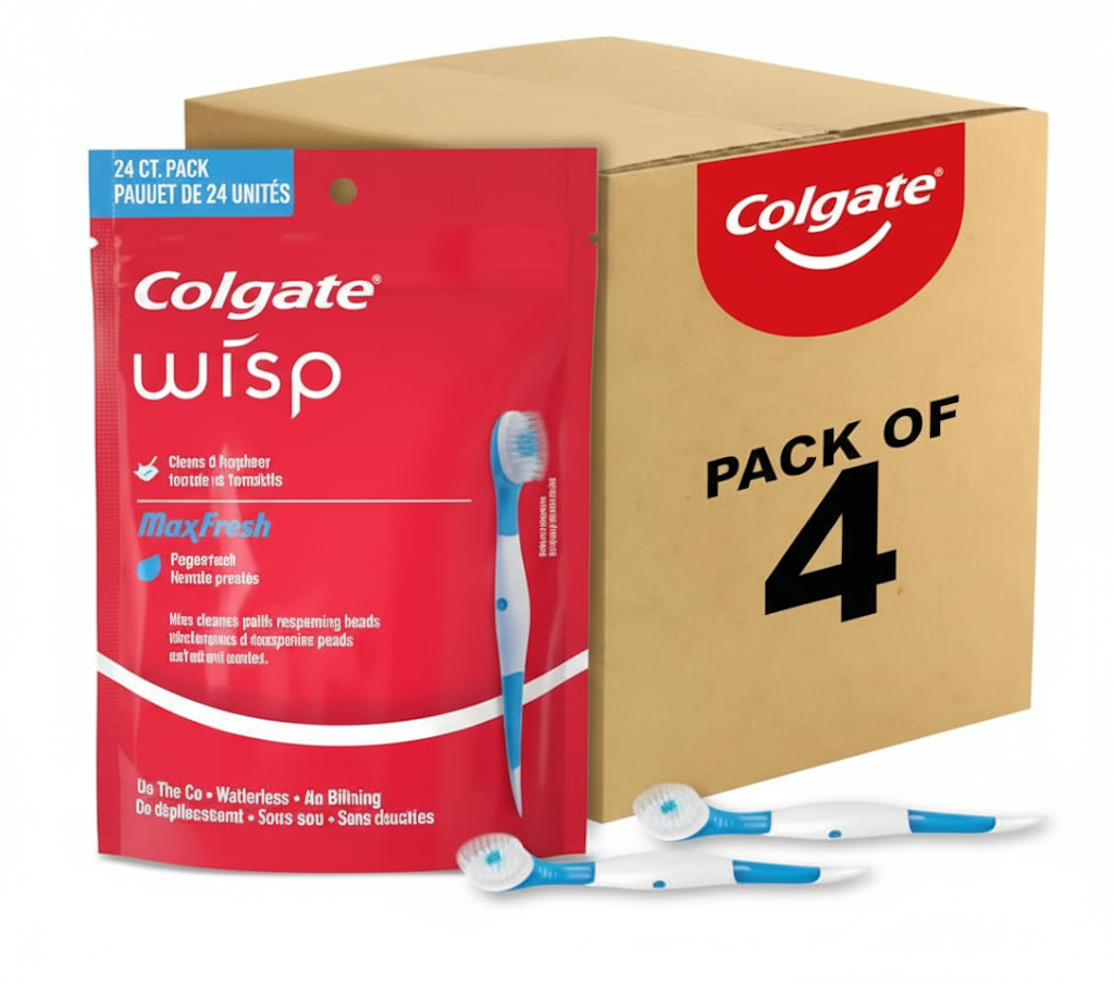 Colgate wisp packaging with a cardboard box labeled 'Pack of 4' on a white background