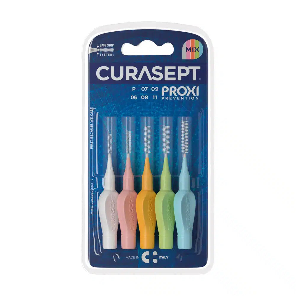 Pack of Curasept Proxi dental tools with colorful handles on a blue background