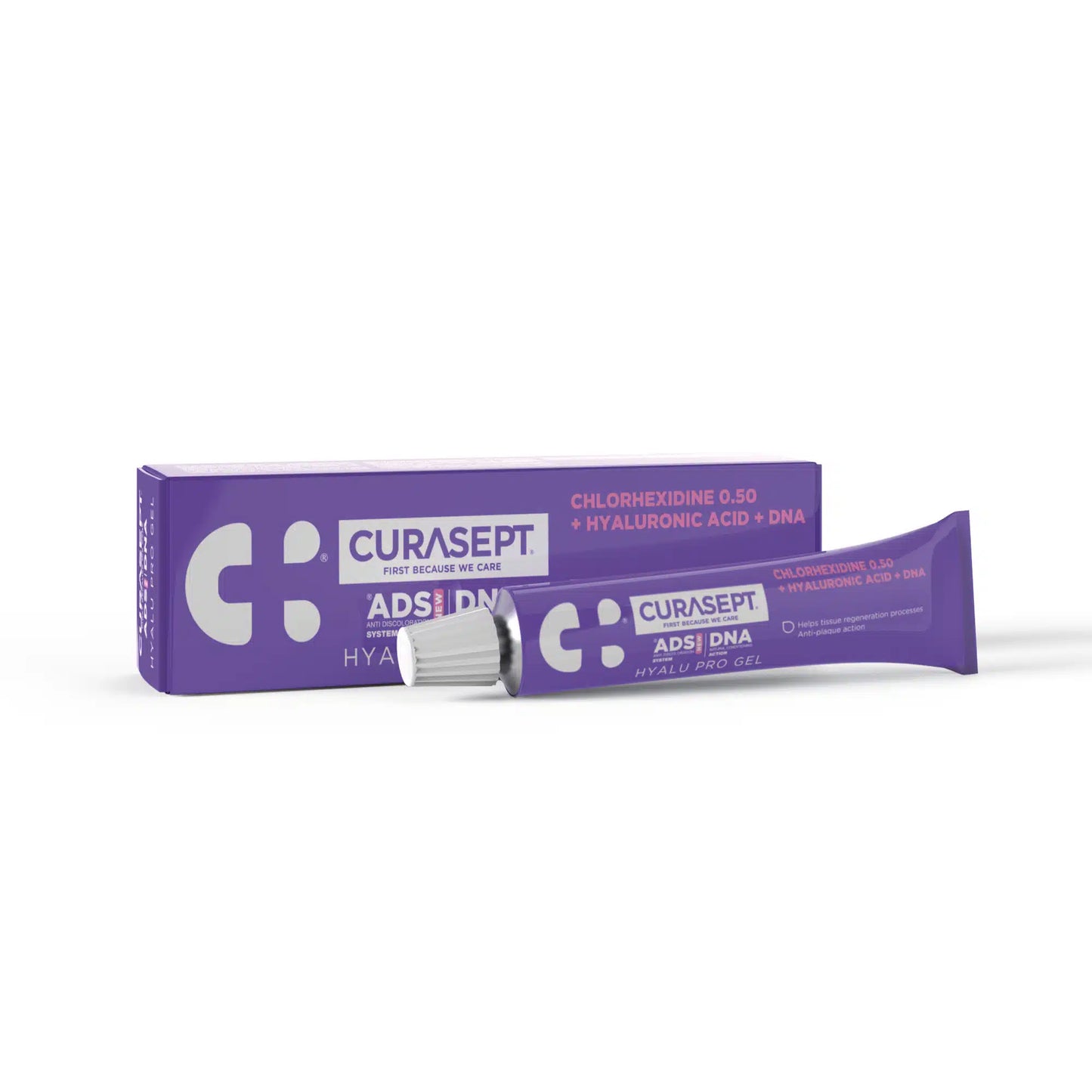 Purple Curasept ADSL DNA dental product tube on a white background