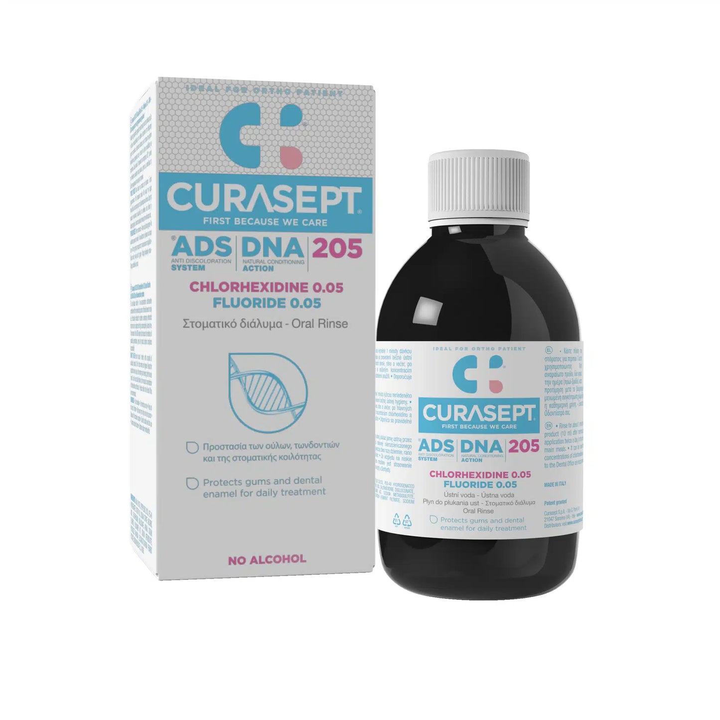 Curasept ADS DNA 205 dental product packaging and bottle on a white background