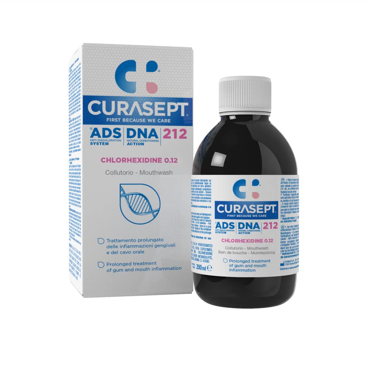 Curasept ADS DNA 212 mouthwash bottle and packaging on a white background