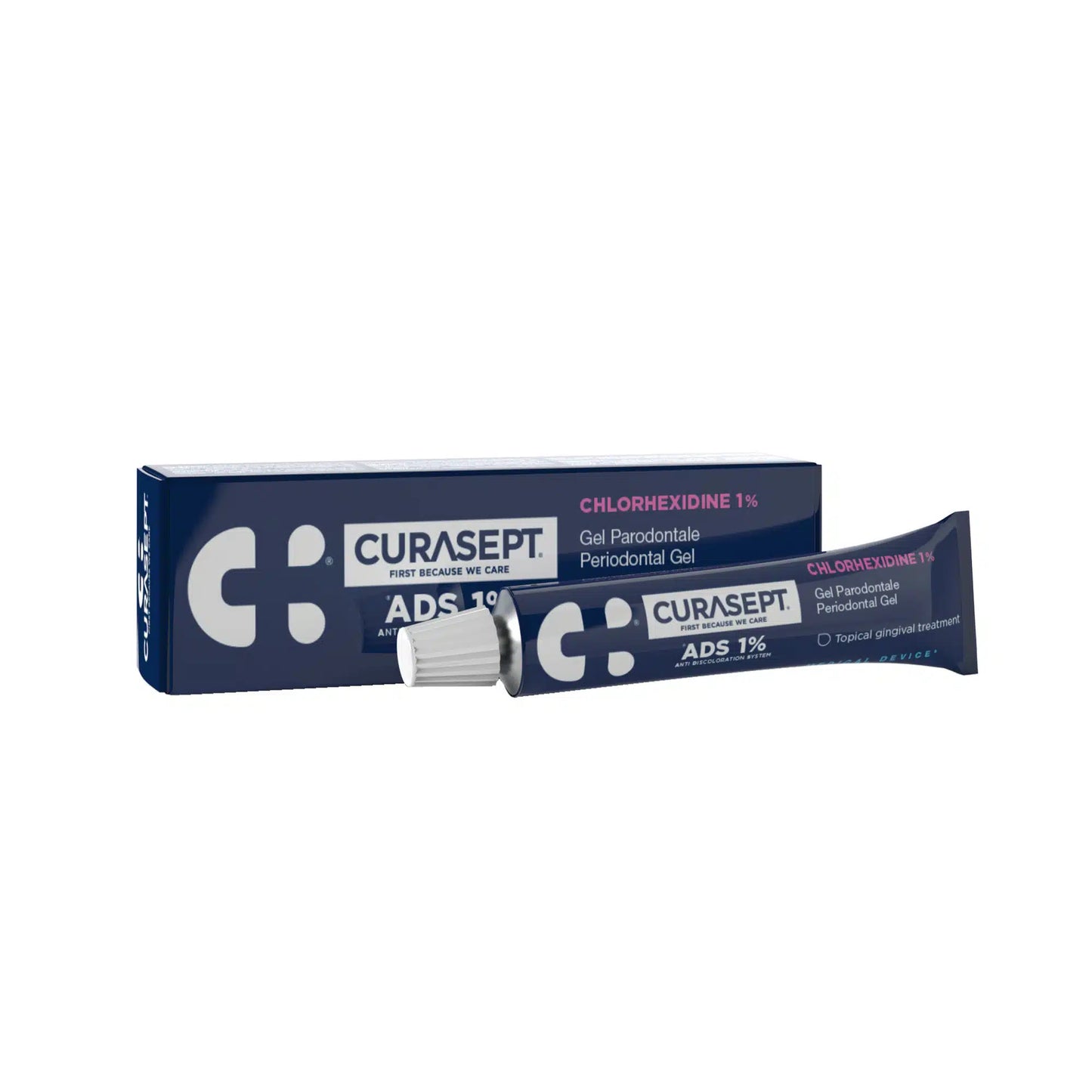 Curasept ADS 1% tube and packaging on a white background