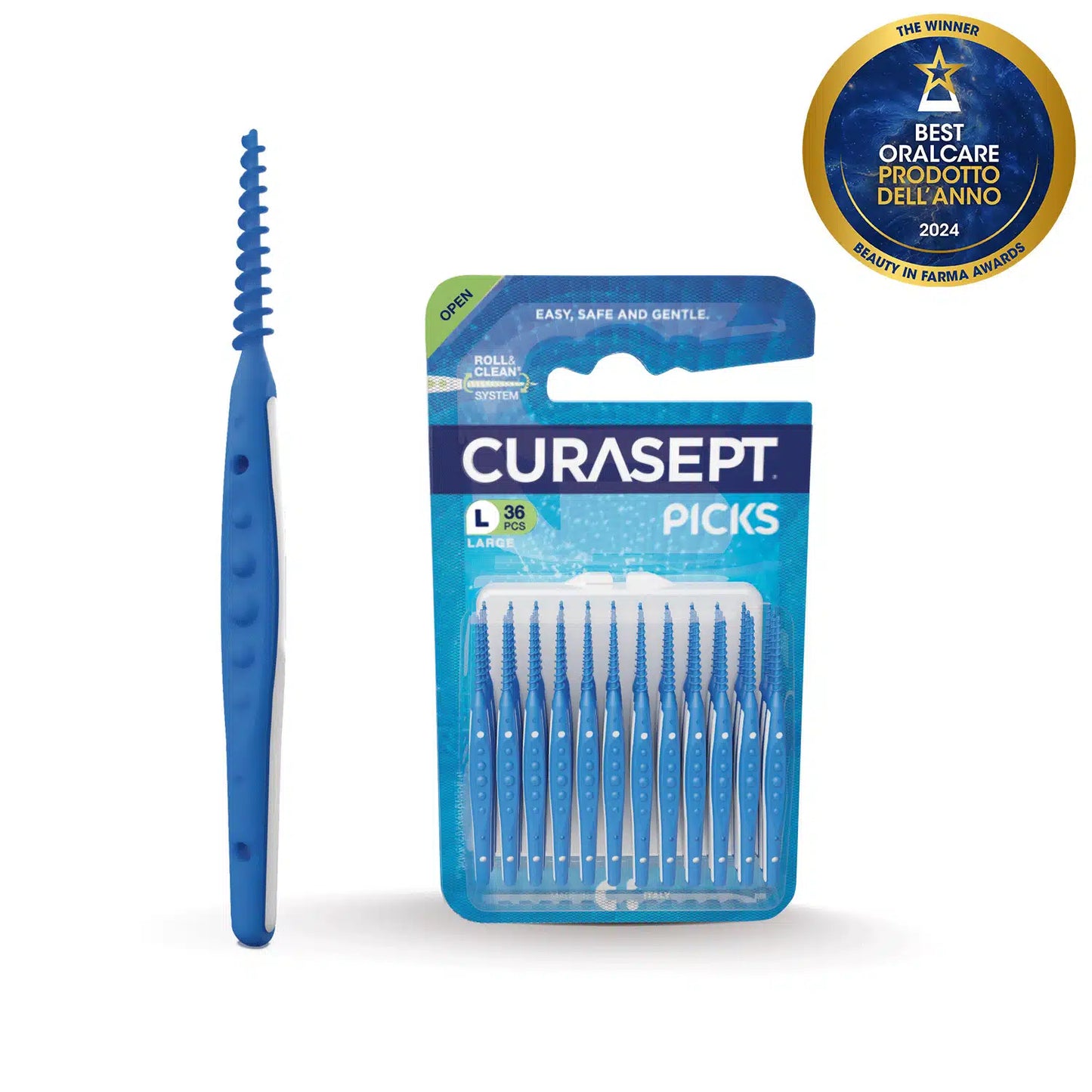 Curasept picks with packaging and a blue toothbrush on a white background