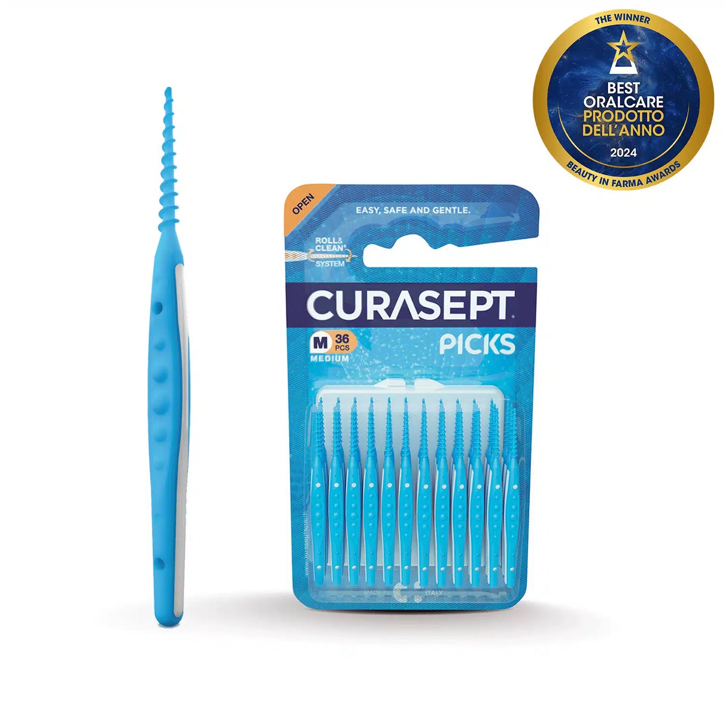 Curasept dental pick with packaging on a white background