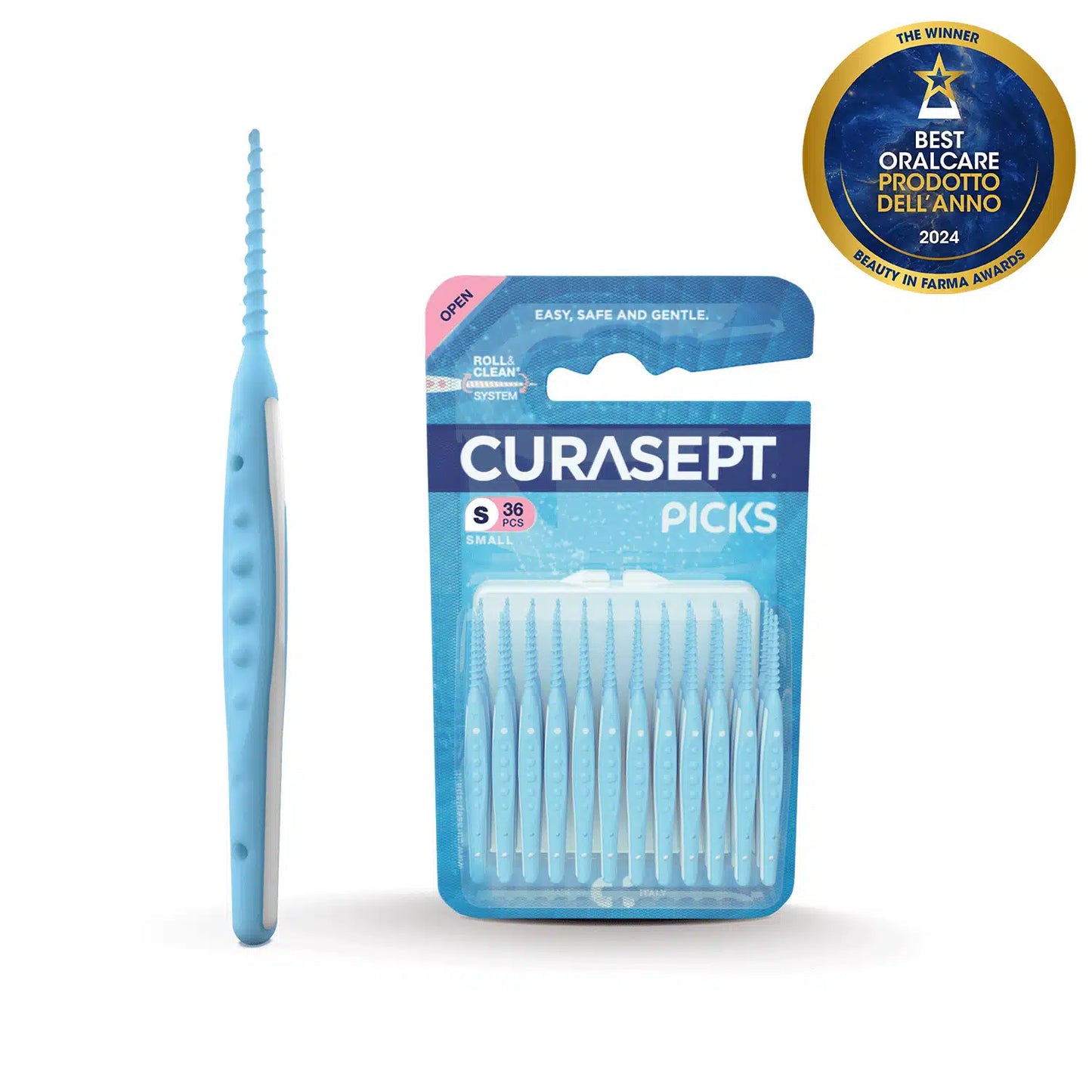 Curasept dental pick with packaging on a white background, featuring an award badge.