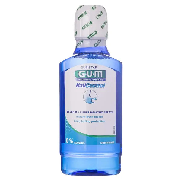 Bottle of GUM Halicontrol mouthwash on a white background
