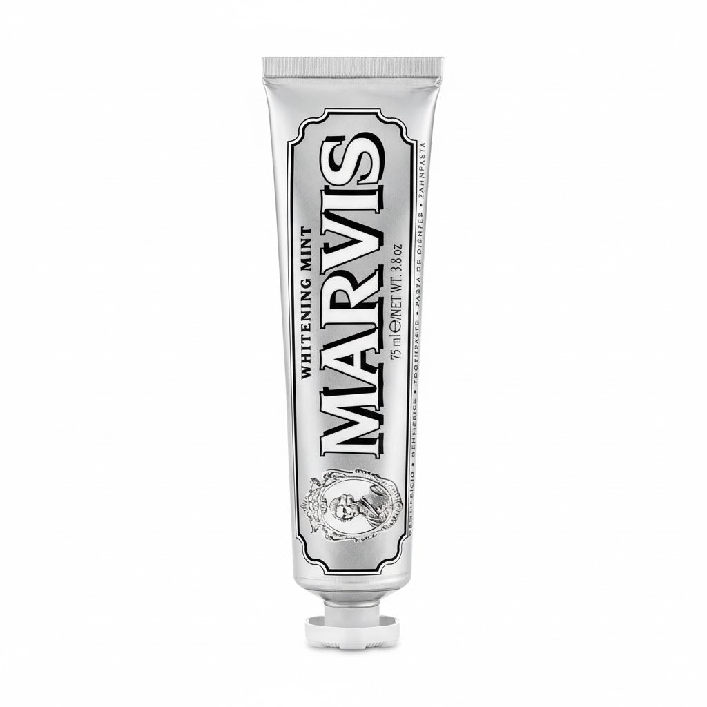 Marvis whitening mint toothpaste tube on a white background