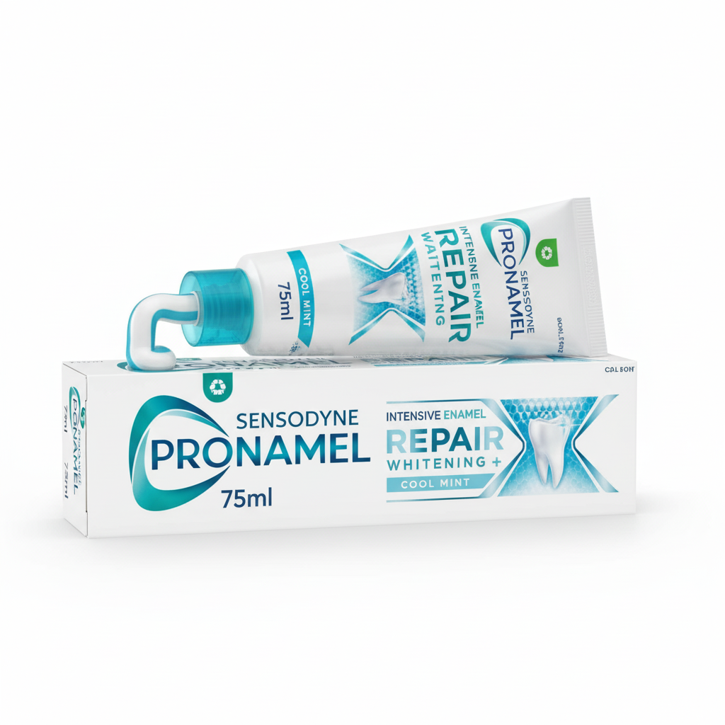 Sensodyne Pronamel Repair toothpaste tube and packaging on a white background