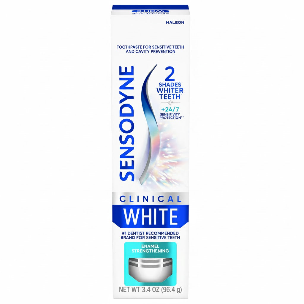 Sensodyne Clinical White toothpaste packaging on a white background