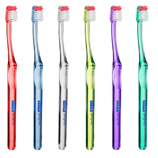 Set of six colorful  vitis toothbrushes with red bristle heads on a white background