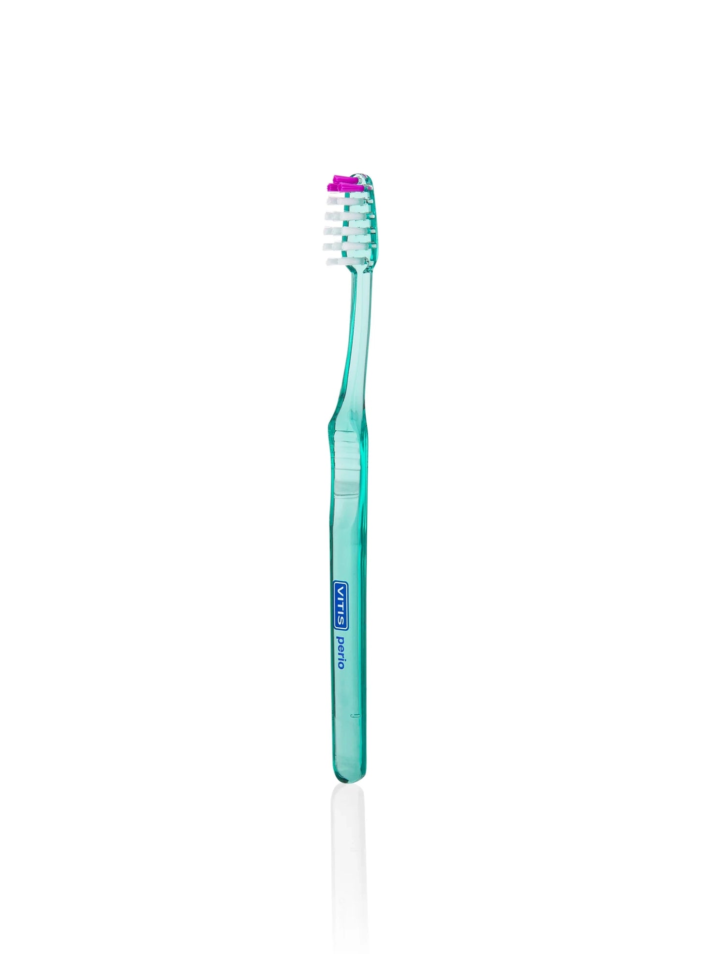 Green toothbrush with a pink bristle head on a white background